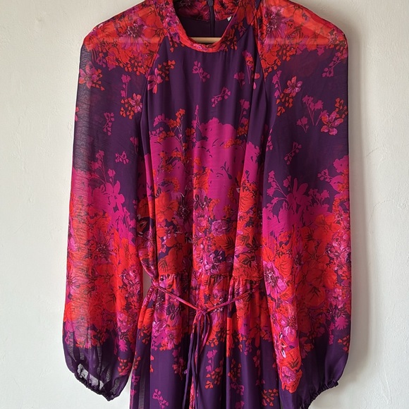 Maison Tara Long Sleeve Mock Neck Printed Chiffon Fit and Flare Dress - Picture 5 of 10